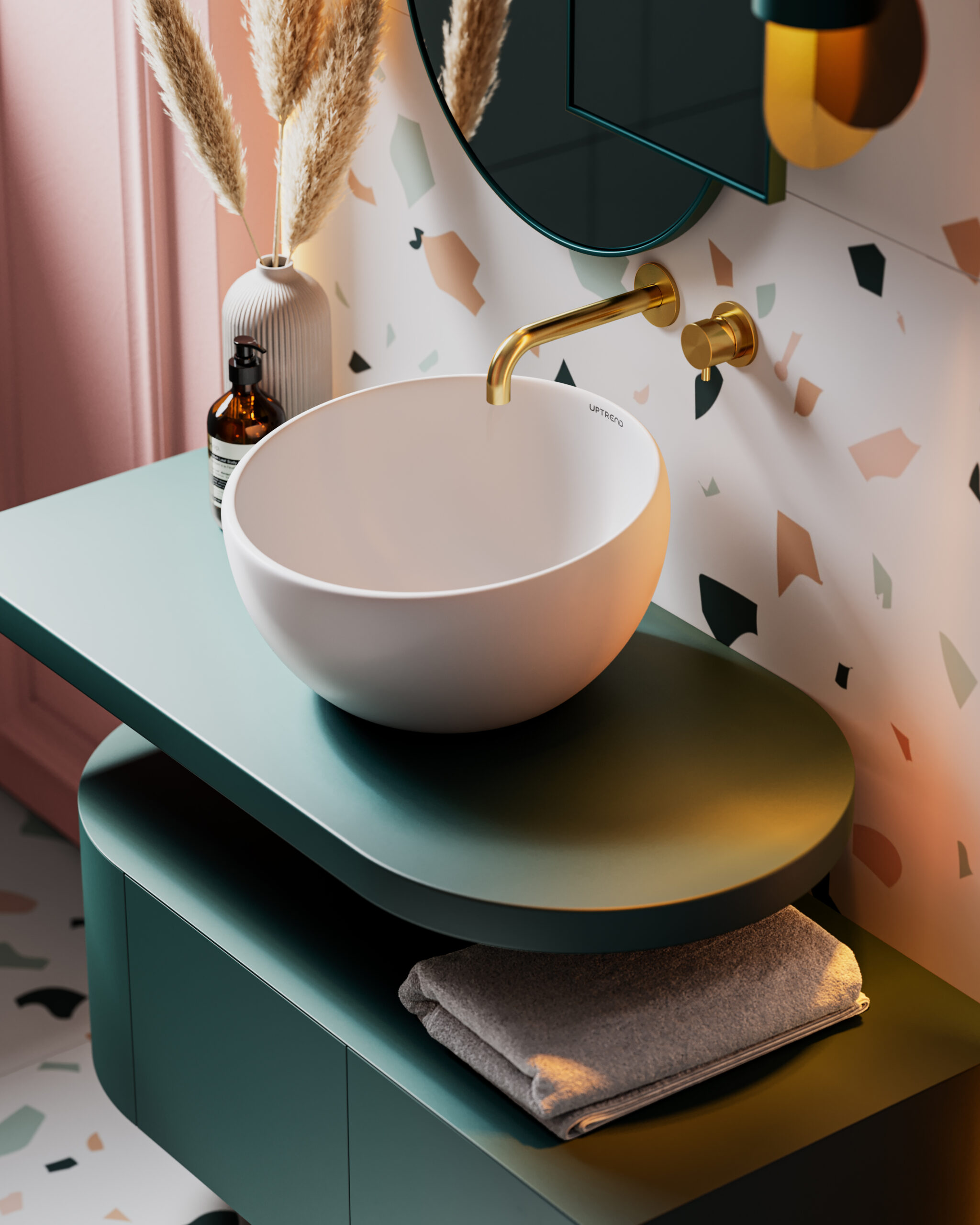 Uptrend Ceramics_T09_NANA_Wyzej kran Aranżacje łazienki inspiracje, modne umywalki nablatowe, umywalka w kształcie misy, UPTREND